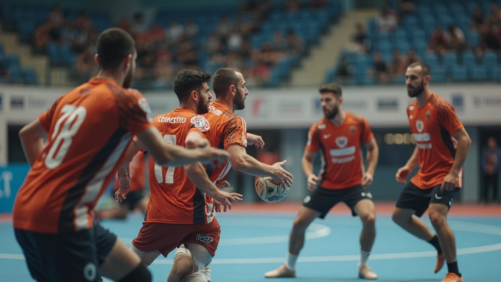 فريق كرة يد يمارس تدريب التكتيكات والحركات المنسقة