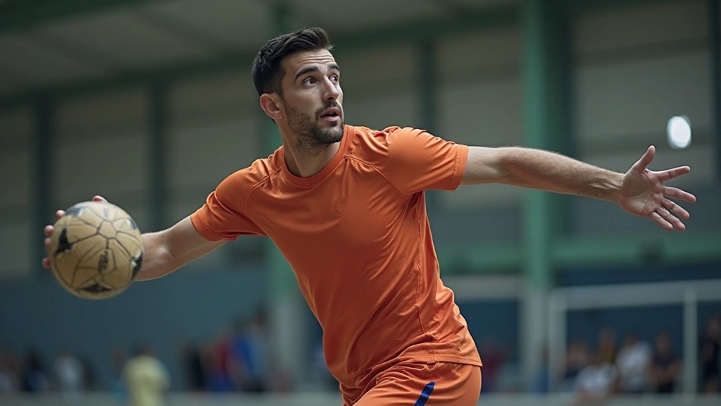 لاعب كرة يد محترف يقوم برمية قوية في الملعب أثناء التدريب